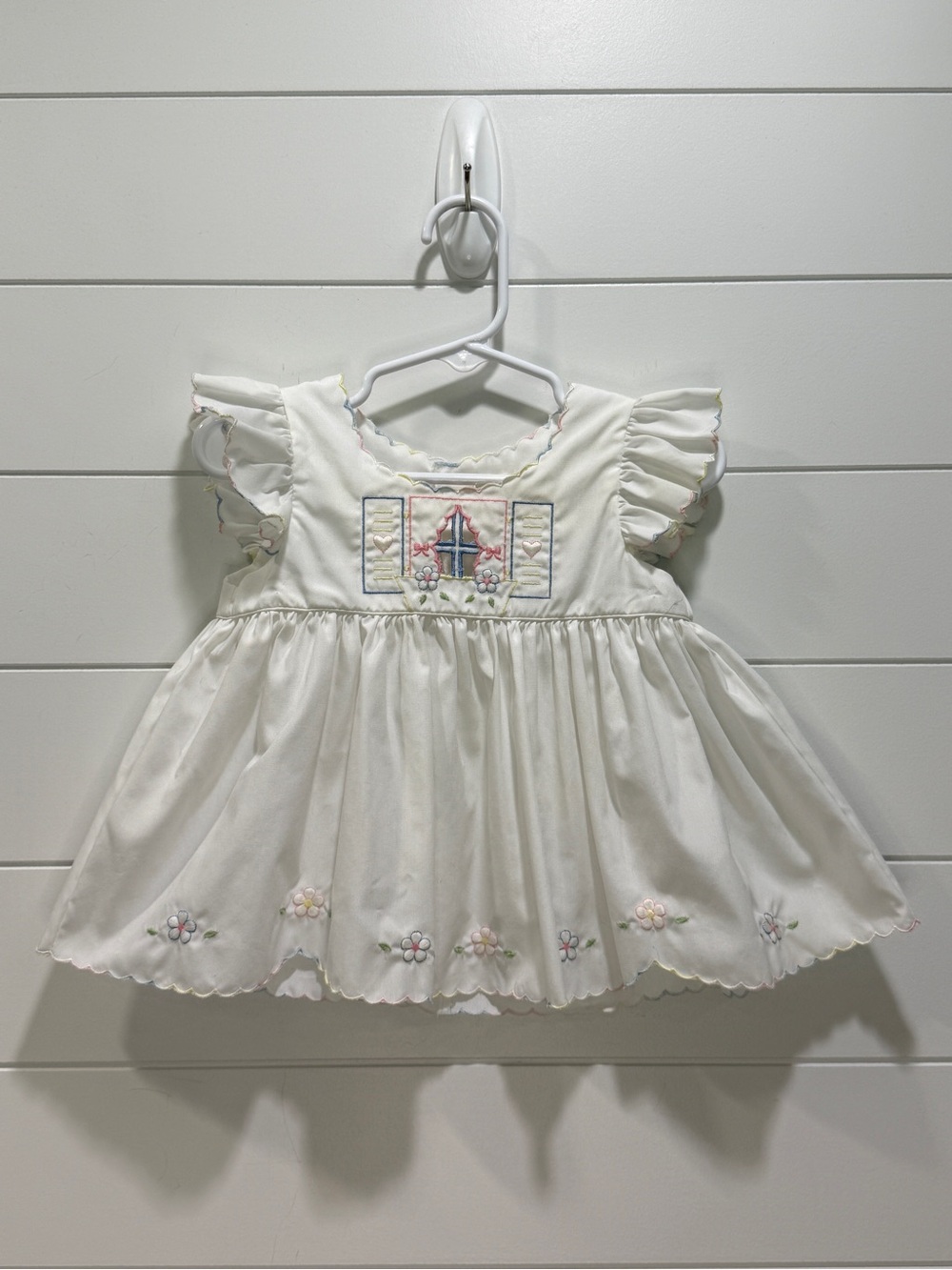 Vintage White Embroidered Baby Dress with Pastel Flowers